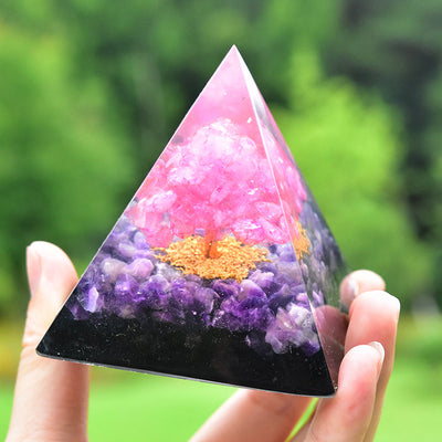 Olivenorma Baum des Lebens Amethyst Obsidian mit Rosa Kristall Orgon Pyramide 