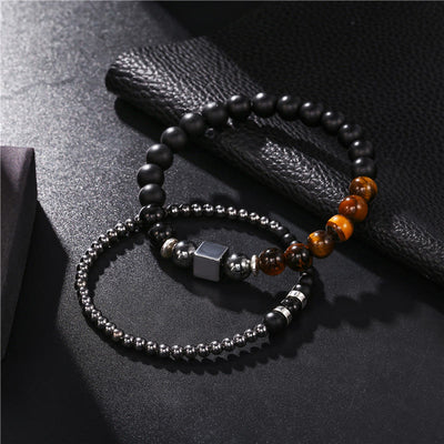 Olivenorma Stretch-Armbandset mit mattiertem Tigerauge und schwarzem Würfel 