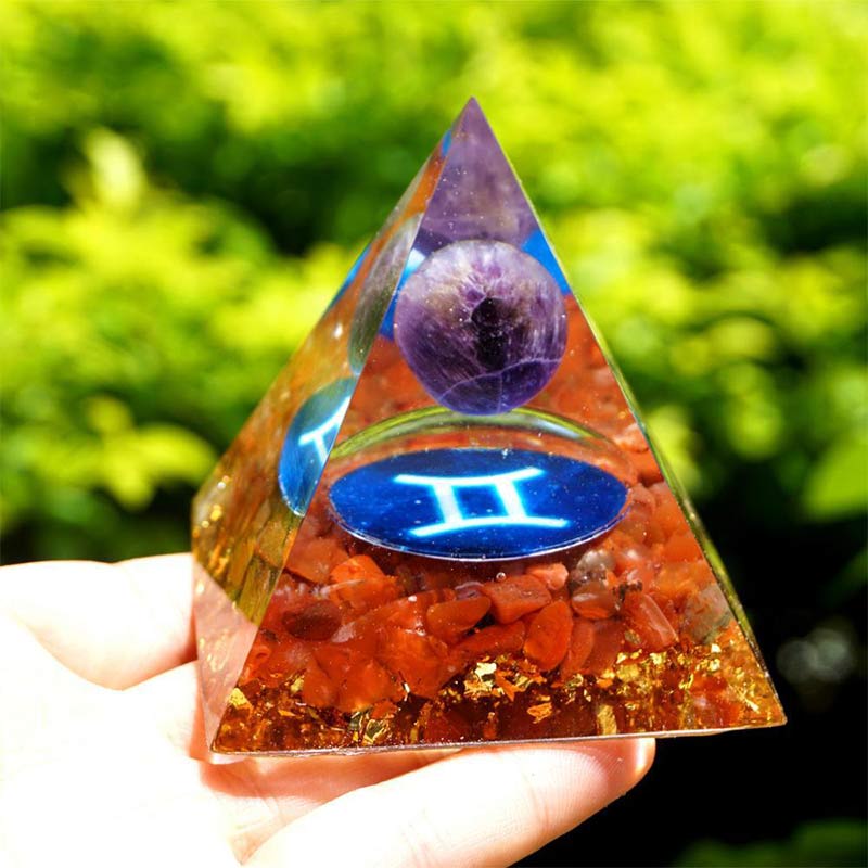 Olivenorma Amethyst mit rotem Achat Zwillinge Tierkreis Orgon Pyramide 