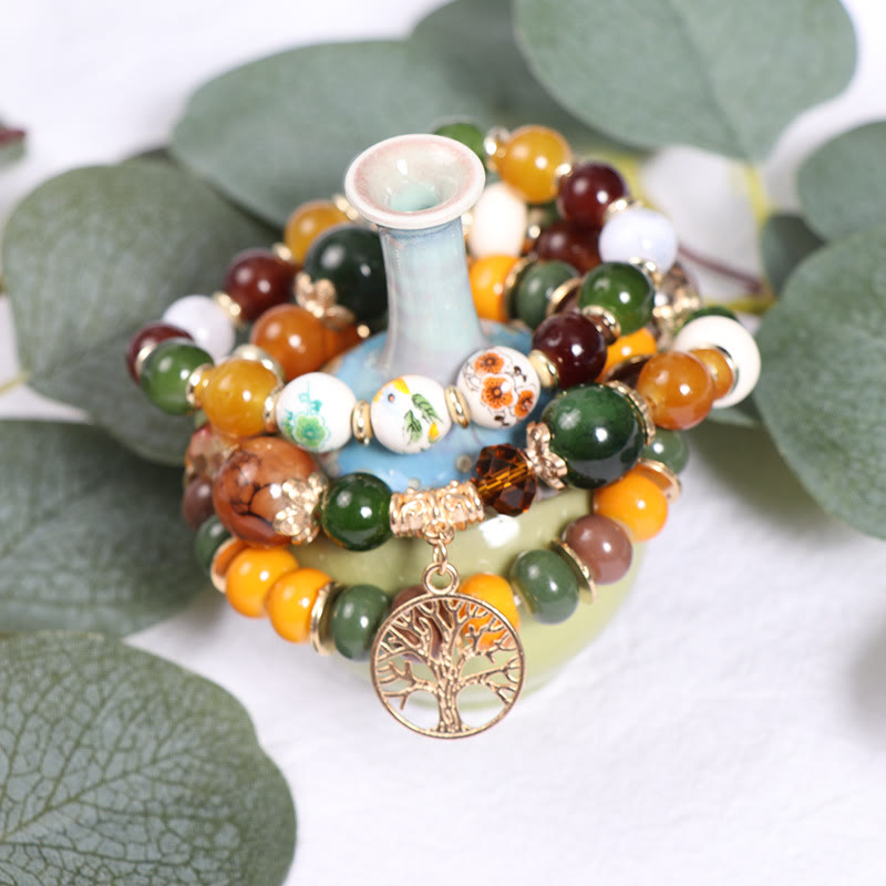 Olivenorma Boho Handgemachtes Baum des Lebens Kristall Armband-Set