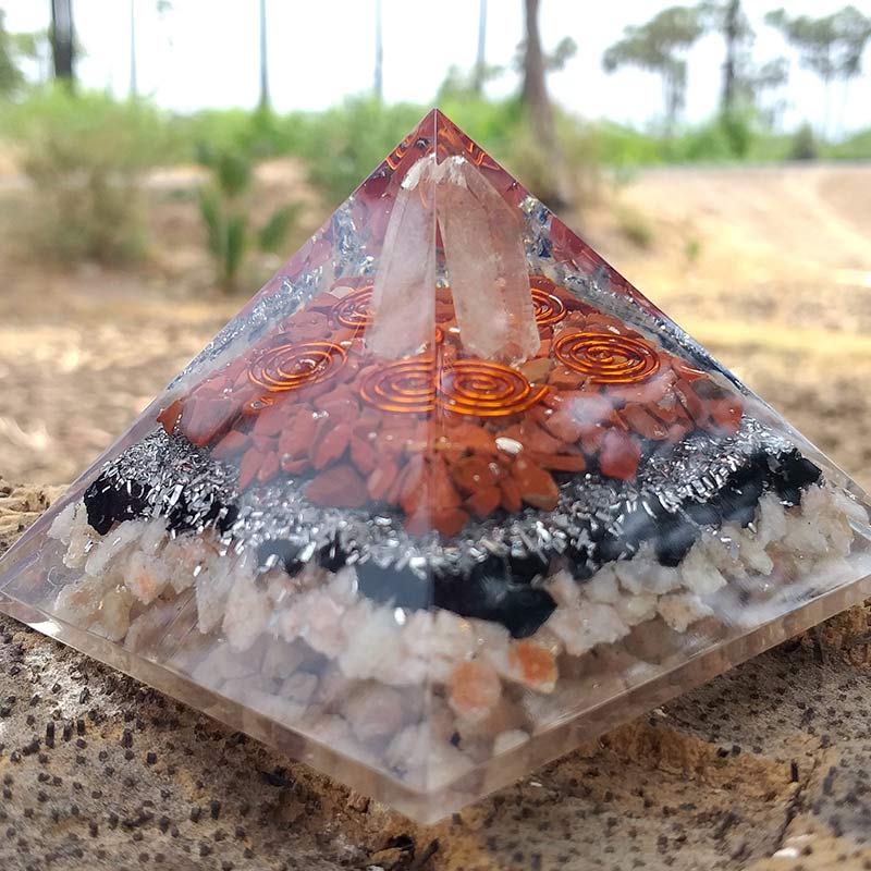 Olivenorma Clear Crysatl Pillar With Sun Stone Orgon-Pyramide