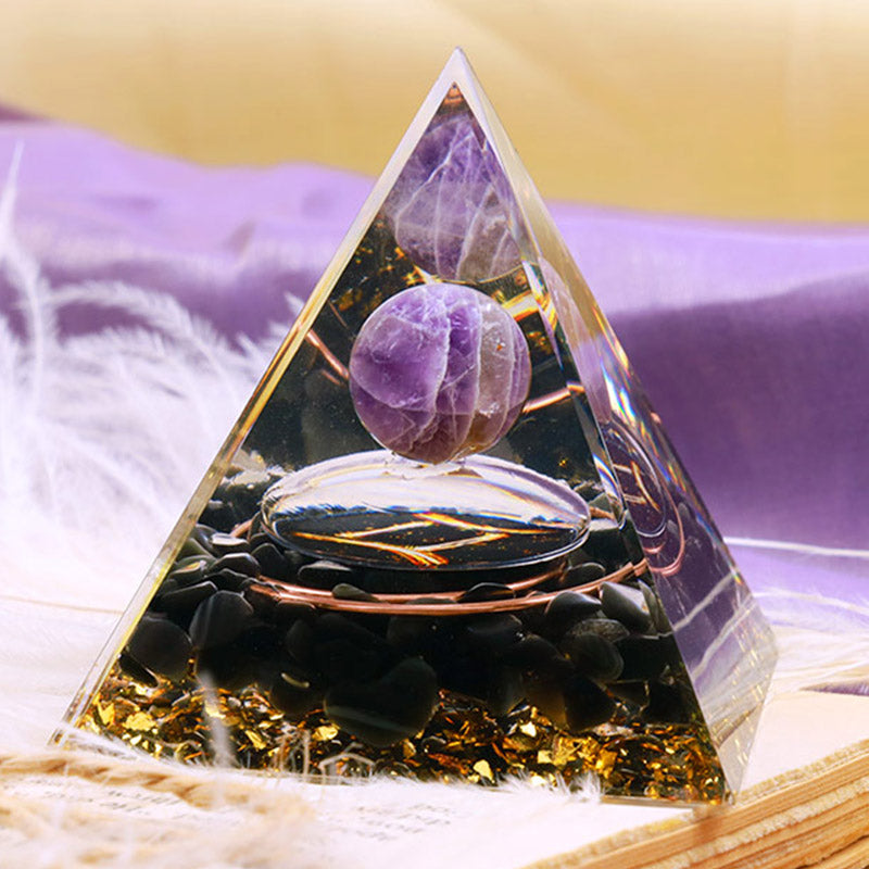 Olivenorma Amethyst Kugel mit Obsidian Zodiac Zwillinge Orgone Pyramide