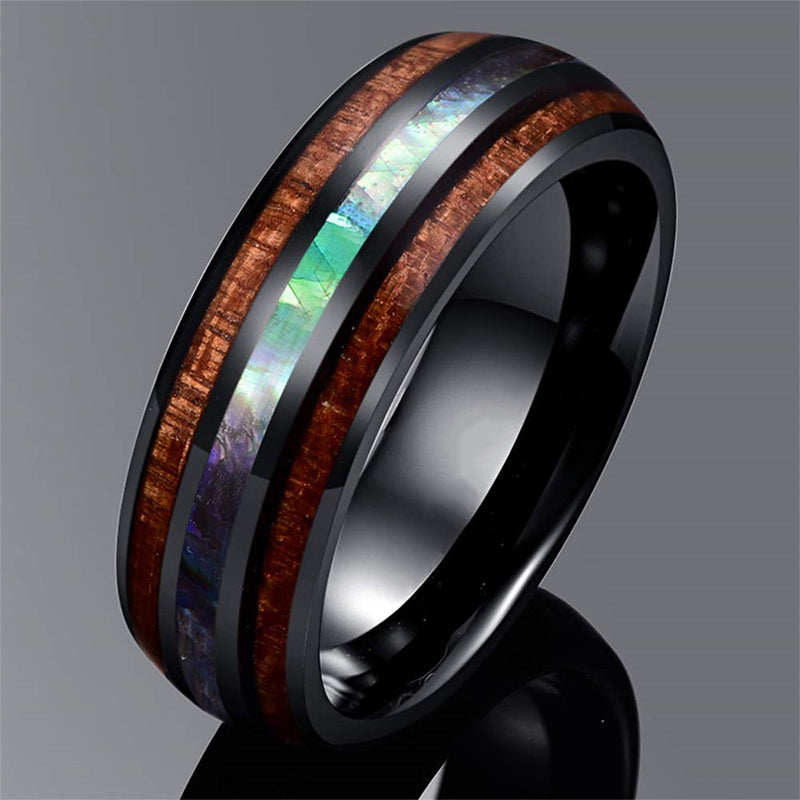 Olivenorma Koa Wood und Abalone Shell Wolframkarbid Ring