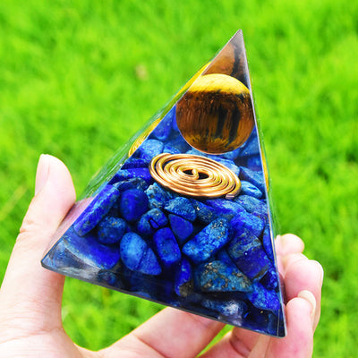 Olivenorma Lapislazuli-Tigerauge-Orgonpyramide 