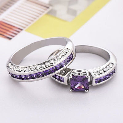 Olivenorma Amethyst Weiß Zirkon Ring Set Paar von Ringen