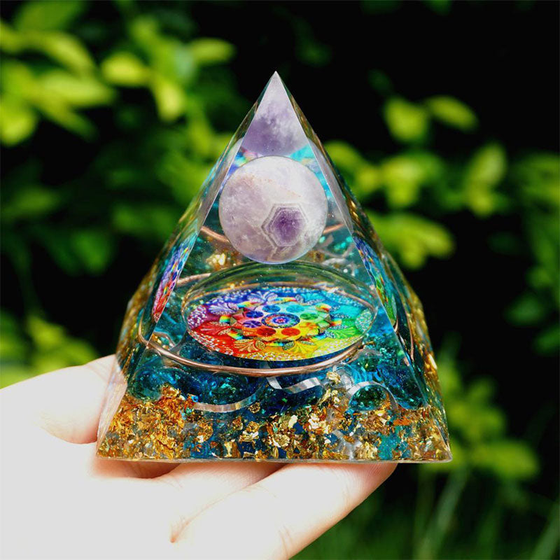 (Ausverkauf 30% RABATT / CODE: OFF30) - Olivenorma Amethyst Kristallkugel mit Blauquarz Orgonpyramide 