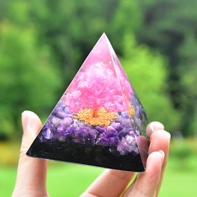 Olivenorma Baum des Lebens Amethyst Obsidian mit Rosa Kristall Orgon Pyramide 