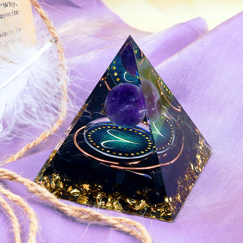 Olivenorma Amethystkugel mit Obsidian-Zodiac-Widder-Orgon-Pyramide 