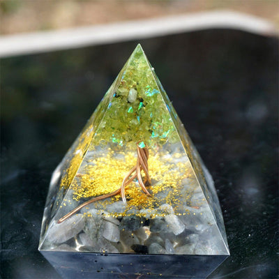 Olivenorma Baum des Lebens Peridot mit grauem Mondstein Orgonpyramide 