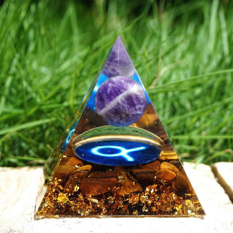 Olivenorma Amethyst mit Tigerauge Stier Zodiac Orgone Pyramide 