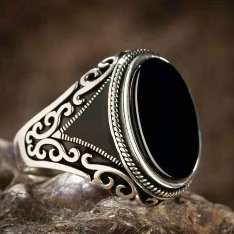 Olivenorma Retro handgefertigter schwarzer Onyx-Türkischer Ring 