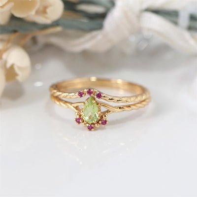 Olivenorma Zierliches Peridot Pink Kristall Stapelbares Verstellbares Ringset 