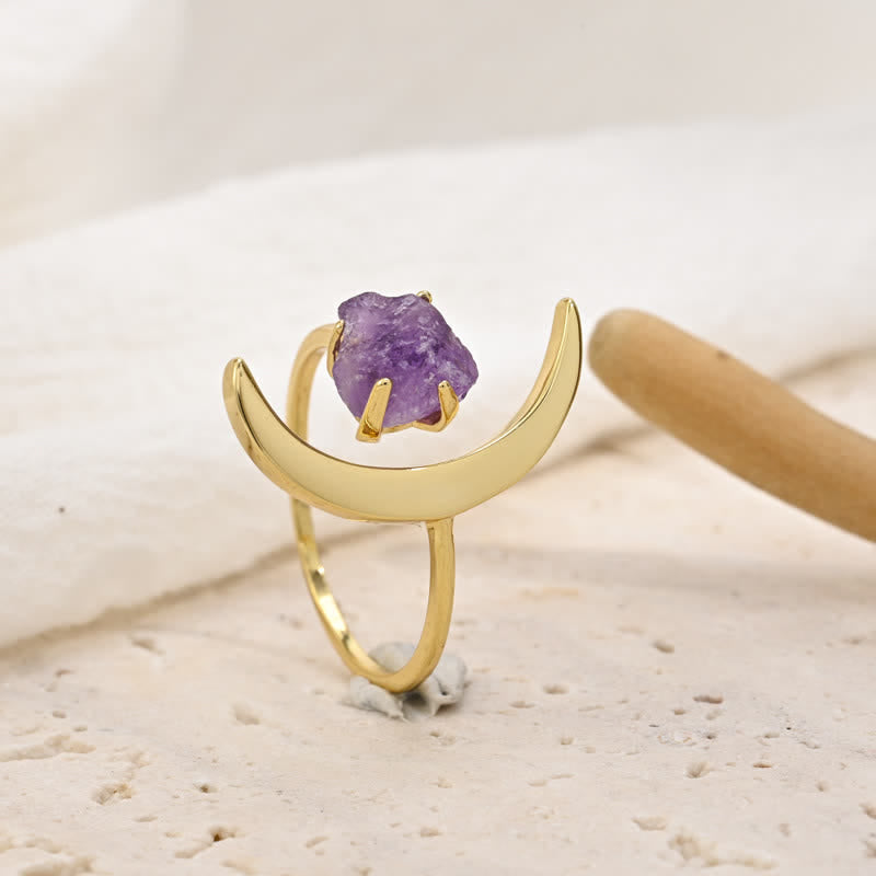 Verstellbarer Heilring mit Stern und Mond aus Amethyst