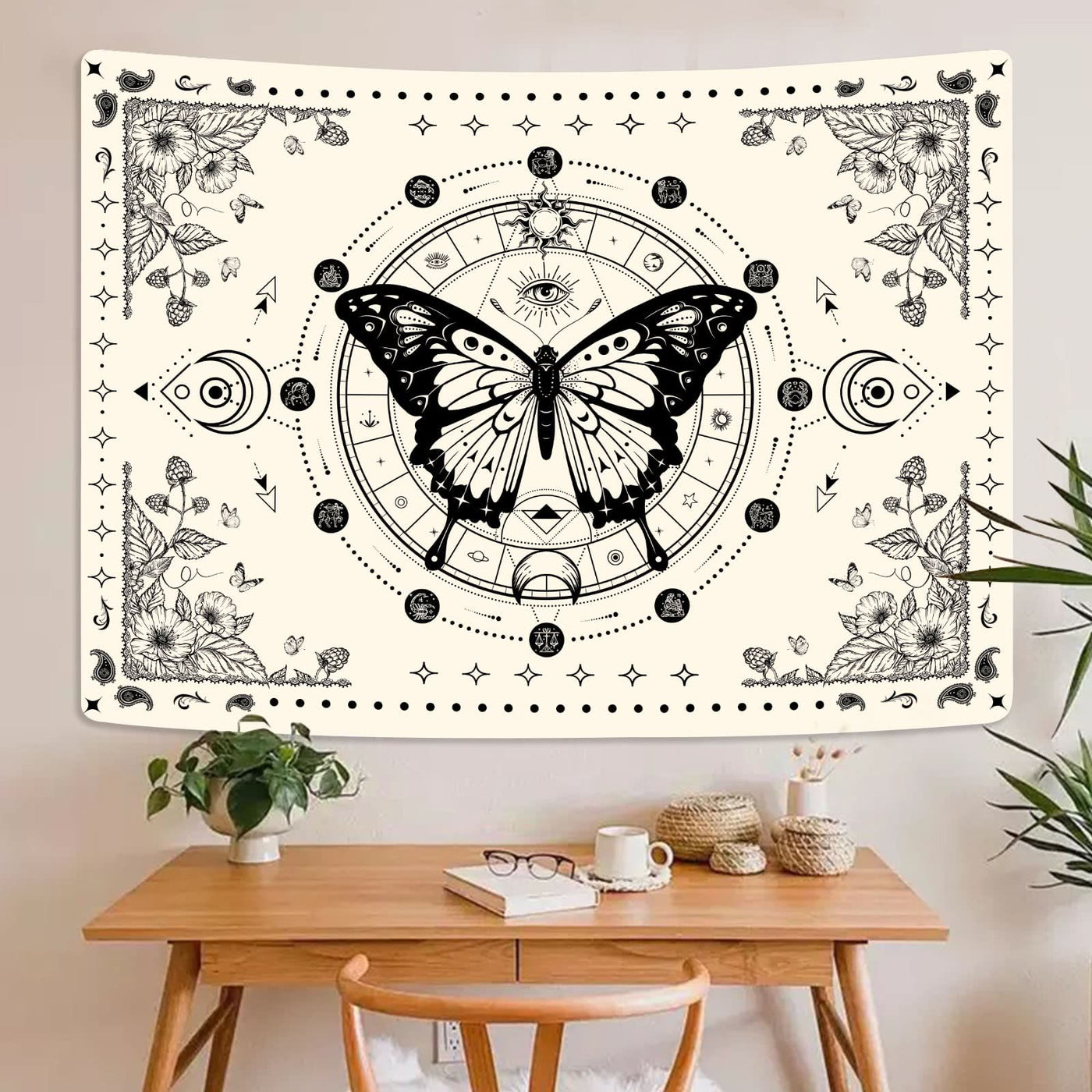 Olivenorma Black Butterfly Moon Flower Beige Wandteppich