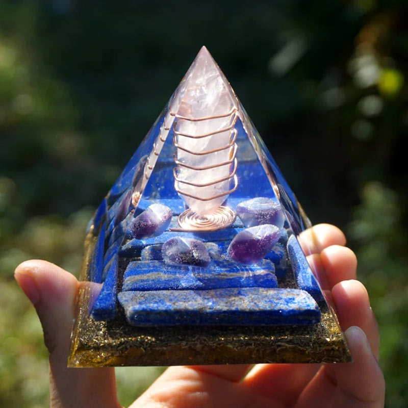 Olivenorma Rosenquarz Säule mit Lapislazuli Orgon Pyramide 