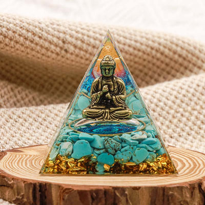 Olivenorma Buddha mit natürlich türkis ausgewogener Orgonpyramide 