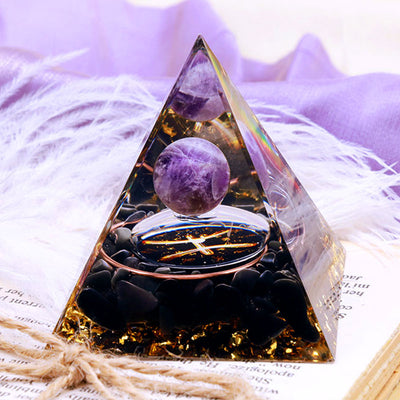 Olivenorma Amethystkugel mit Obsidian Zodiac Pisces Orgone Pyramide