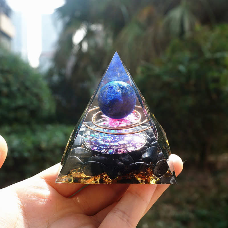 Olivenorma Lapislazuli-Sphäre mit Obsidian-Orgon-Pyramide