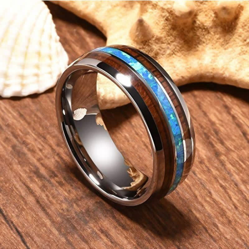 Olivenorma Koa Wood und Abalone Shell Wolframkarbid Ring