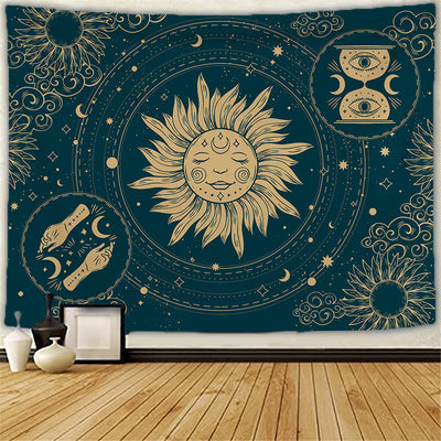 Olivenorma Sonne Mond Tattoo Katze Meditation Wandbehang Wandteppich