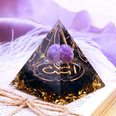 Olivenorma Amethystkugel mit Obsidian-Zodiac Waage Orgon-Pyramide 