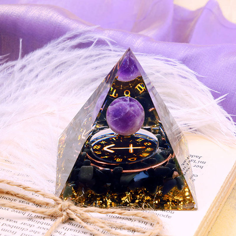 (Räumungsverkauf 30% Rabatt / CODE: OFF30) - Olivenorma Amethystkugel mit Obsidian Zodiac Schütze Orgon Pyramide