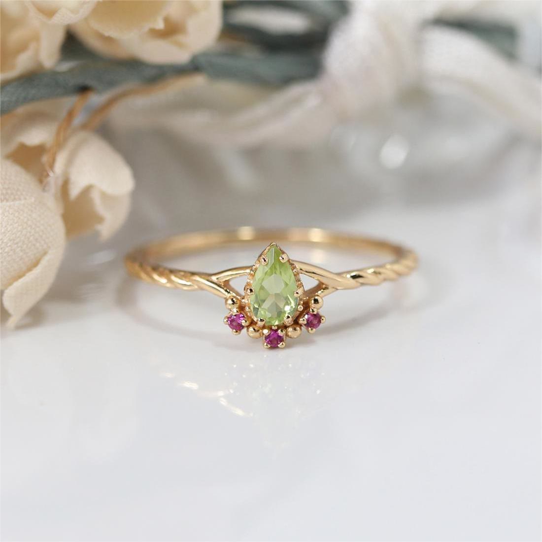 Olivenorma Zierliches Peridot Pink Kristall Stapelbares Verstellbares Ringset 