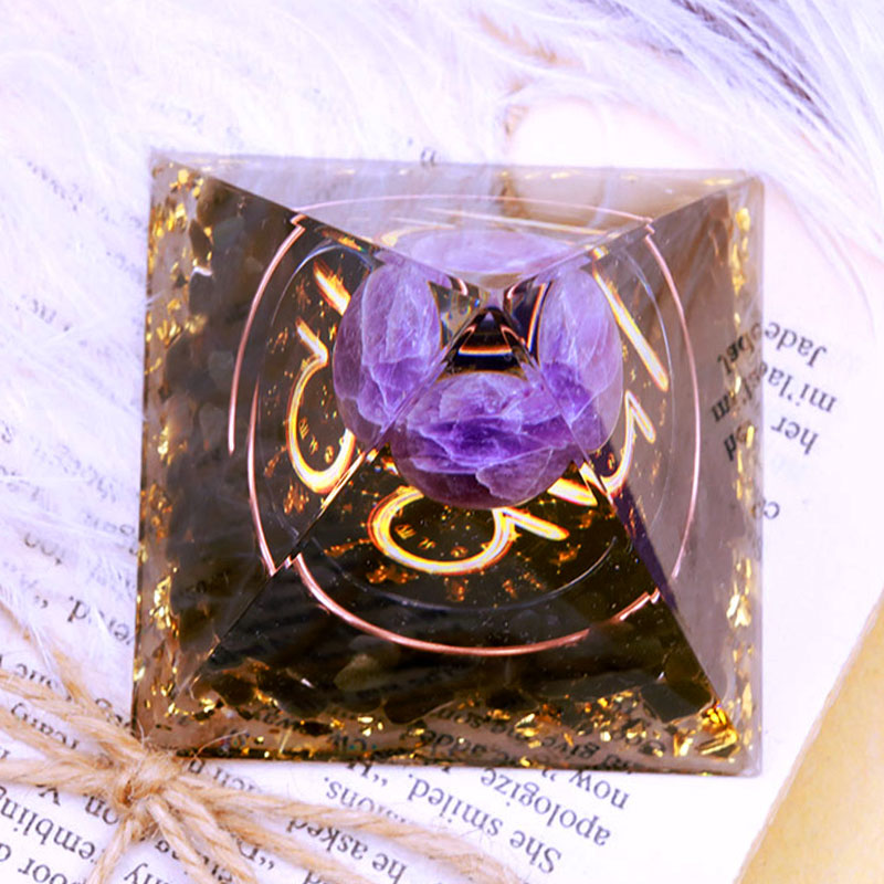 Olivenorma Amethystkugel mit Obsidian-Zodiac Waage Orgon-Pyramide 