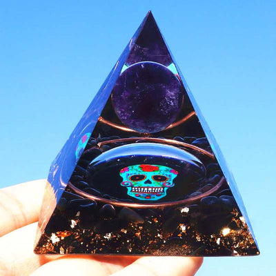 Olivenorma Amethyst Obsidian Schädel Symbol Orgon-Pyramide