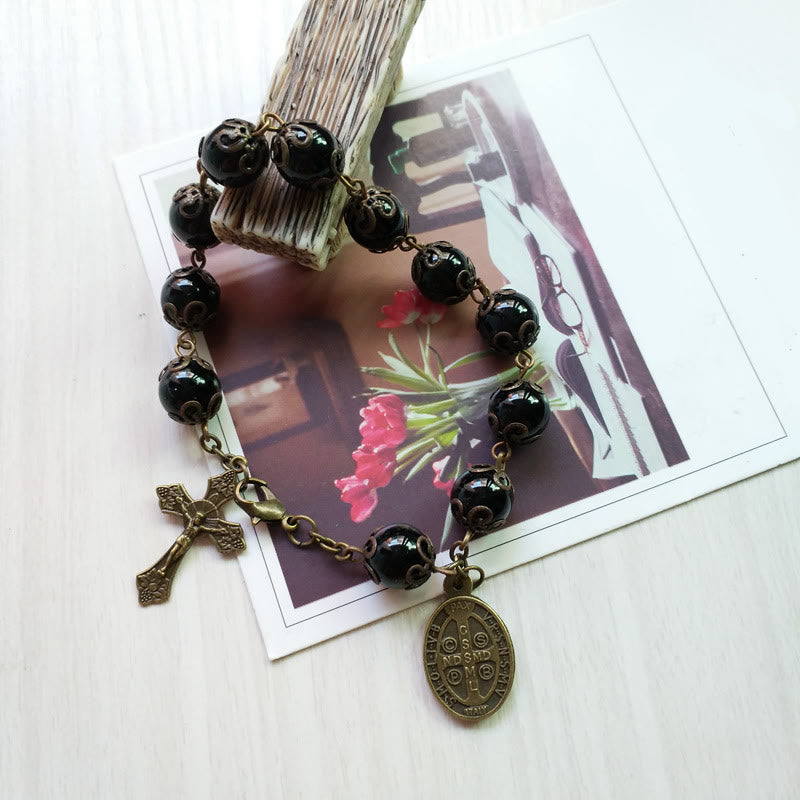 Olivenorma Obsidian Heiliger Medaillen-Kreuz-Anhänger Rosenkranz-Armband 