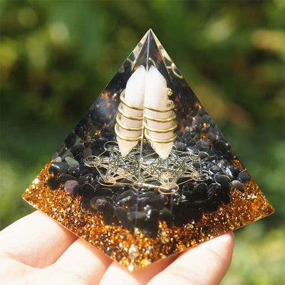 Olivenorma Rosenquarz mit Obsidian Orgon-Pyramide