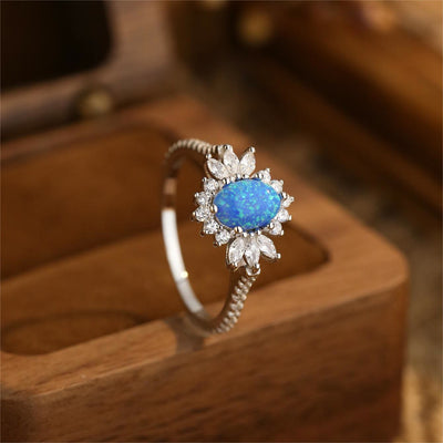 Olivenorma Weiß-Blauer Opal Sonnenblumen-Design 925 Silberring 