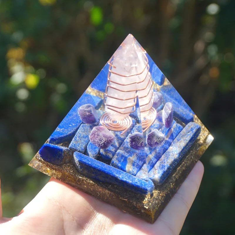 Olivenorma Rosenquarz Säule mit Lapislazuli Orgon Pyramide 