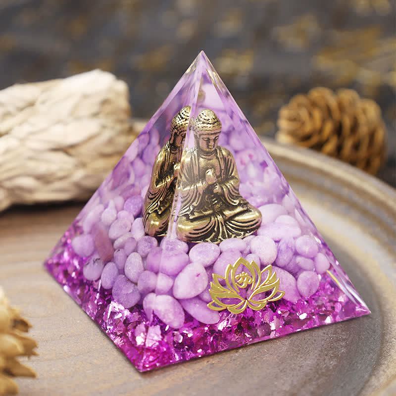 Olivenorma Buddha Lotus mit lila Jade Orgon Pyramide