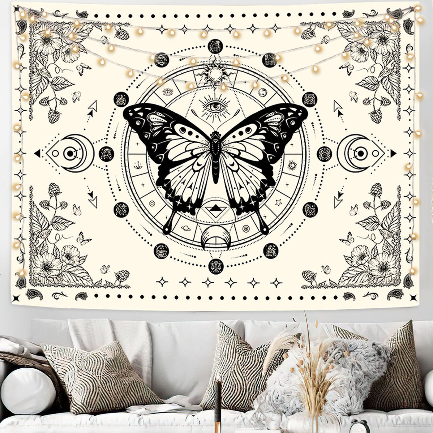 Olivenorma Black Butterfly Moon Flower Beige Wandteppich