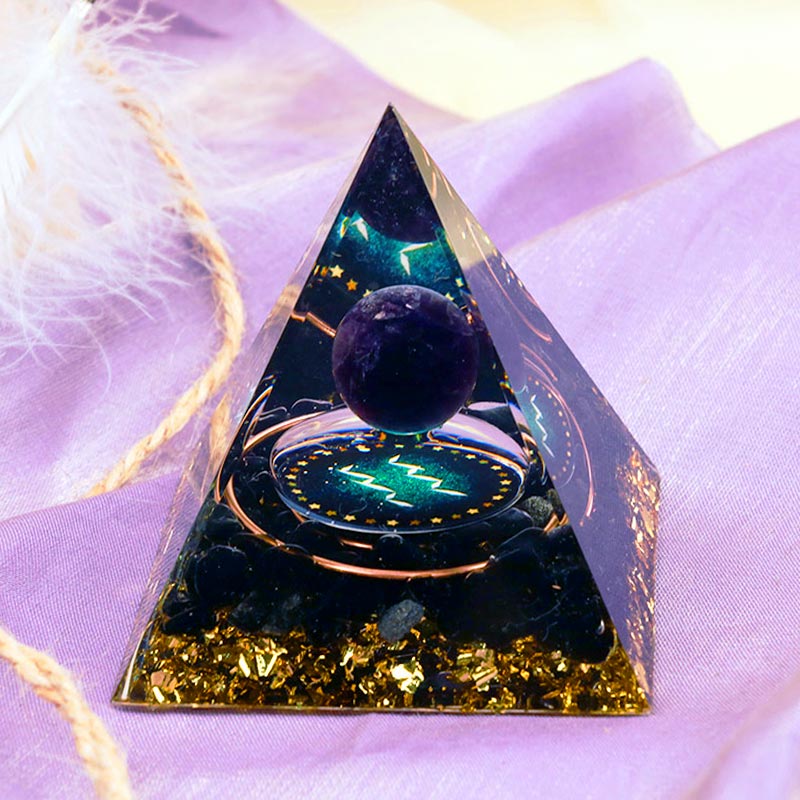 Olivenorma Amethystkugel mit Obsidian-Zodiac Wassermann Orgon-Pyramide 