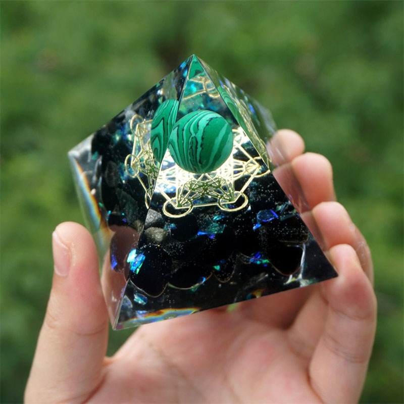 (Ausverkauf 30% RABATT / CODE: OFF30) - Olivenorma Malachitkugel & Obsidian Heilkraft Orgone Pyramide