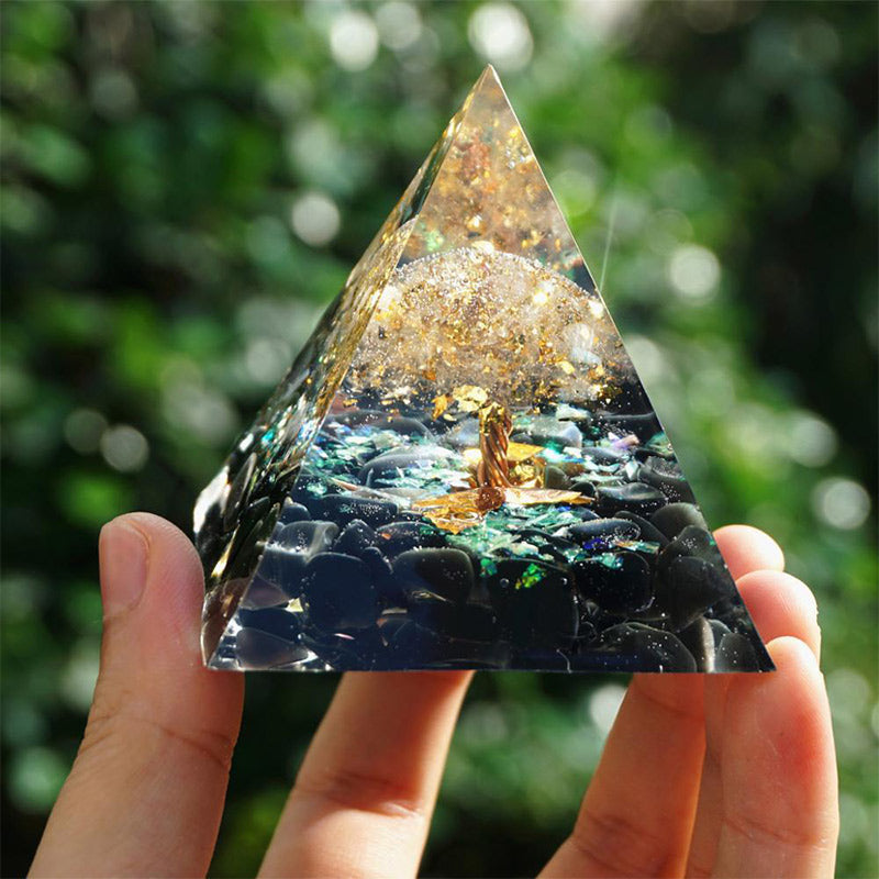 Olivenorma Obsidian mit klarem Kristall Baum des Lebens Orgone Pyramide