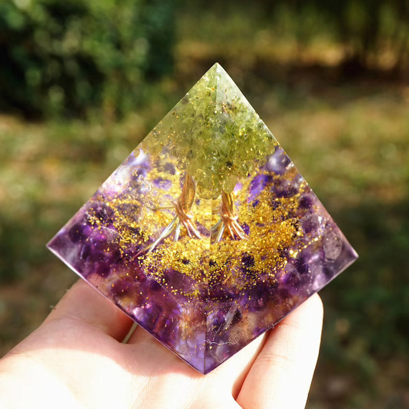 Olivenorma Peridot mit Amethyst Baum des Lebens Orgon Pyramide 