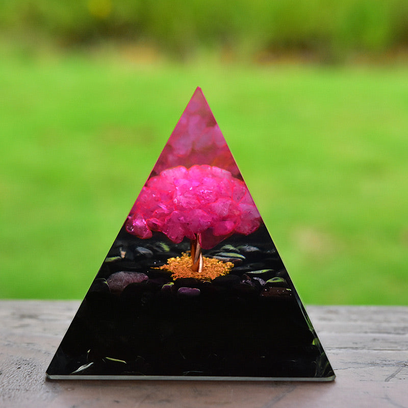 Olivenorma Obsidian mit rosa Kristall-Heil-Orgonpyramide