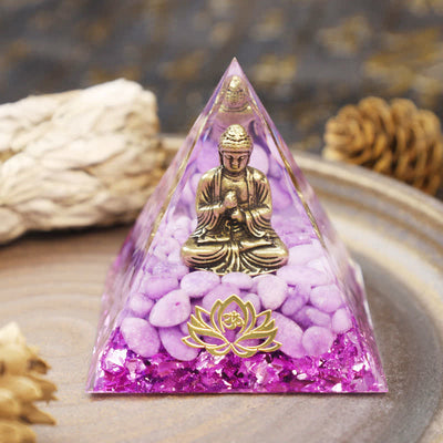 Olivenorma Buddha Lotus mit lila Jade Orgon Pyramide