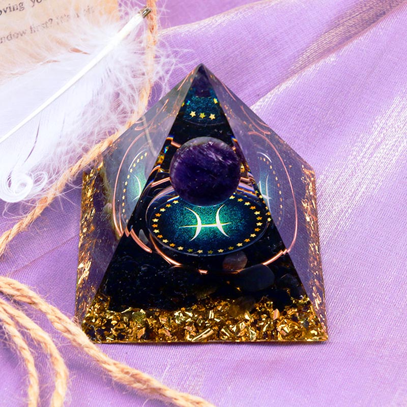 Olivenorma Amethyst Kugel mit Obsidian Sternzeichen Fische Orgon Pyramide 