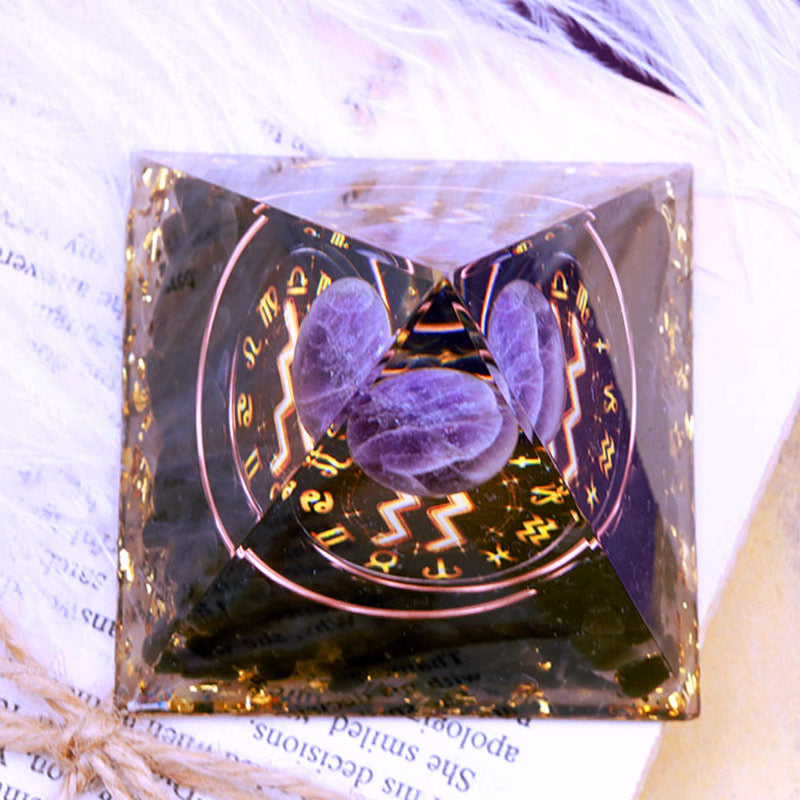 Olivenorma Amethyst-Kugel mit Obsidian-Zodiac-Wassermann-Orgon-Pyramide