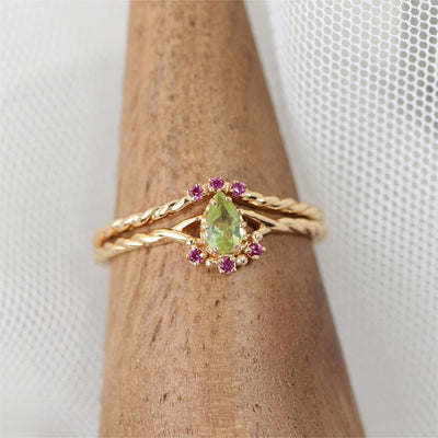 Olivenorma Zierliches Peridot Pink Kristall Stapelbares Verstellbares Ringset 