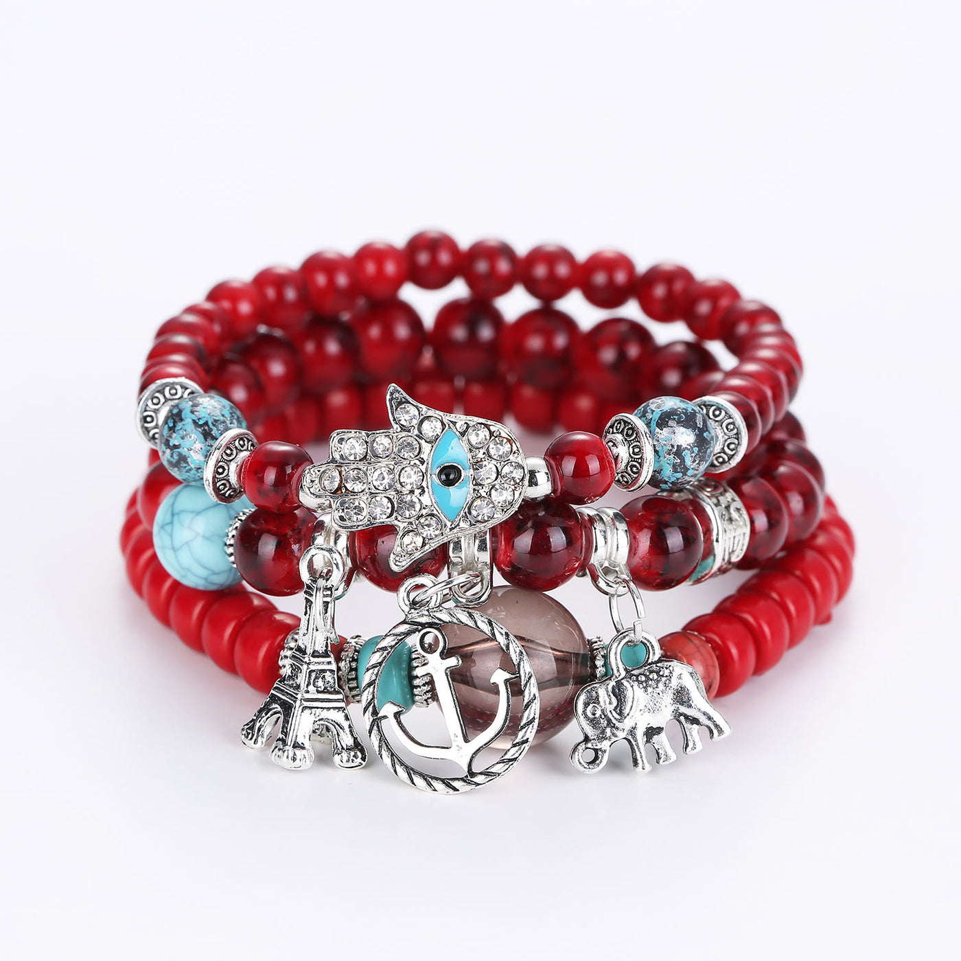 Olivenorma Elephantenturm Böses Auge Hamsa Armband Set