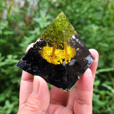 Olivenorma Obsidian mit Peridot Baum des Lebens Orgone Pyramide