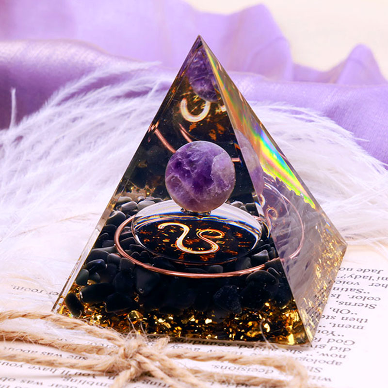 Olivenorma Amethystkugel mit Obsidian Zodiac Löwe Orgonpyramide 