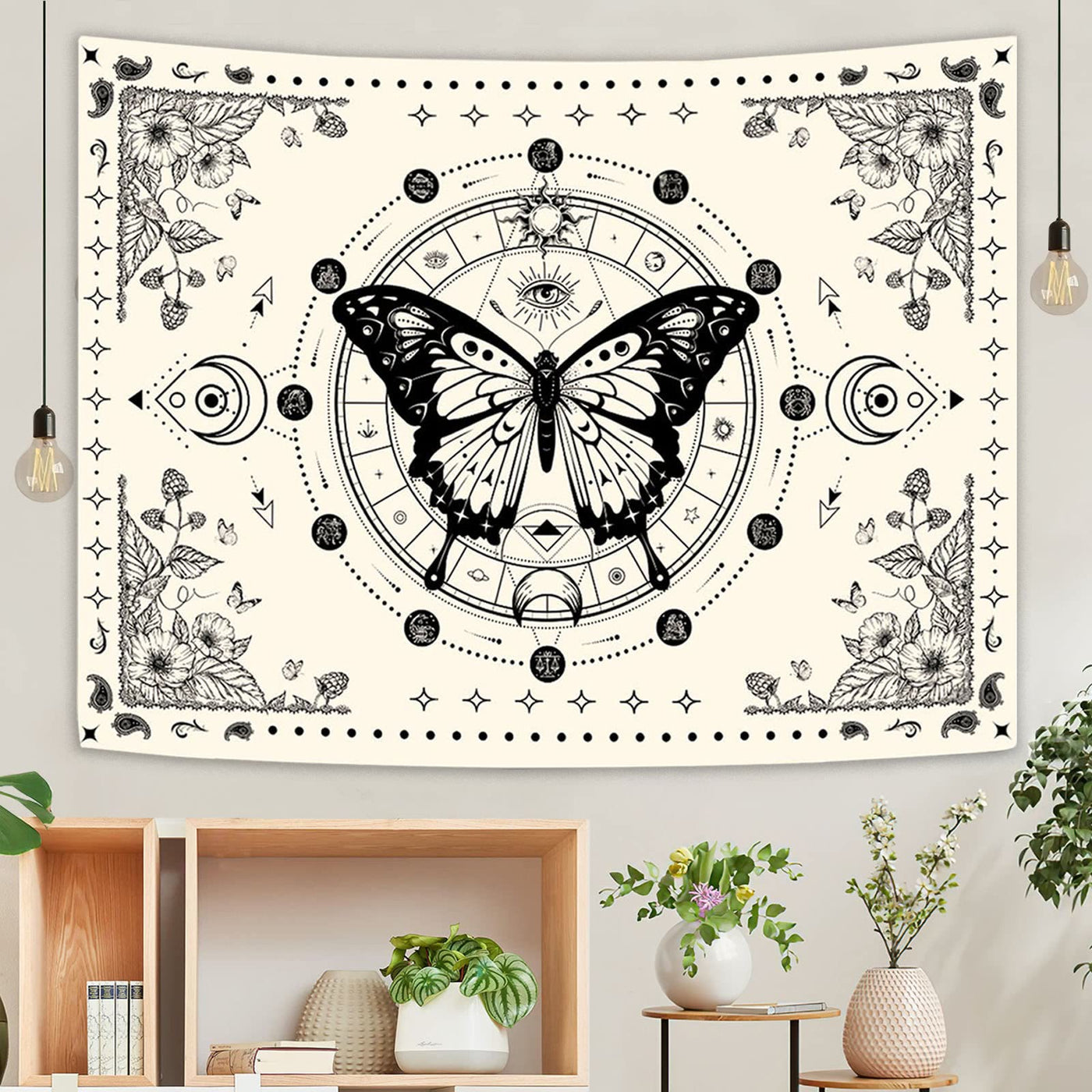 Olivenorma Black Butterfly Moon Flower Beige Wandteppich