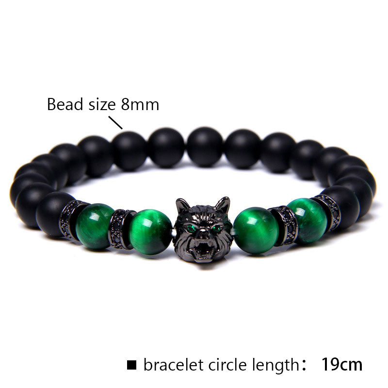 Armband mit dunkelgrünem Tigerauge und Wolf 