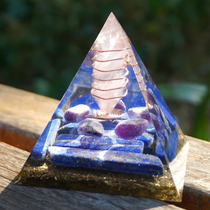 Olivenorma Rosenquarz Säule mit Lapislazuli Orgon Pyramide 